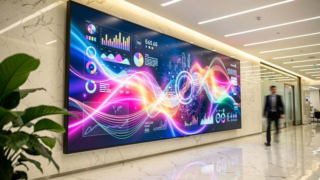 Display digital em lobby corporativo exibindo conteúdo dinâmico colorido