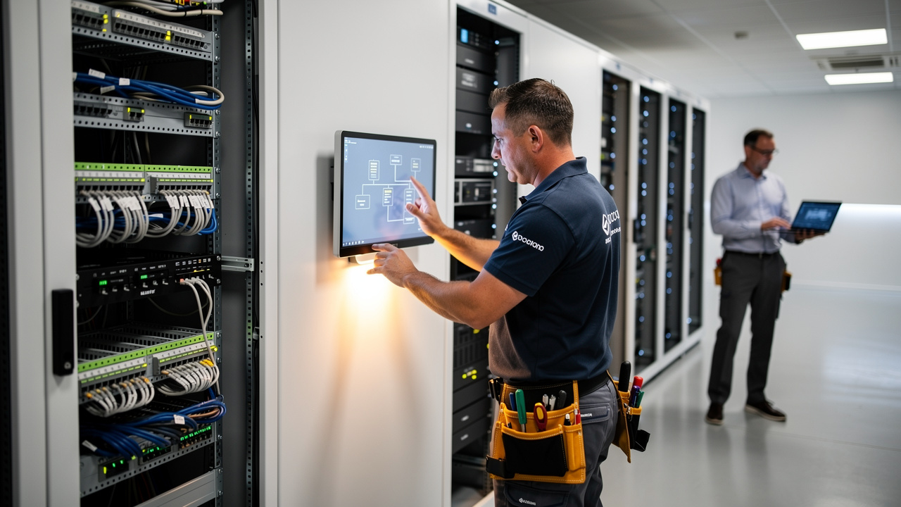 Profissional instalando painel de sinalização digital em escritório corporativo