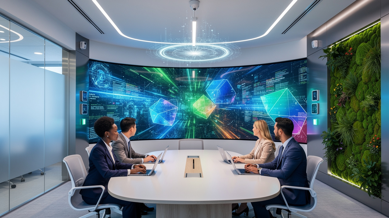Tecnologia de sinalização digital com IA e IoT em sala de reunião futurista