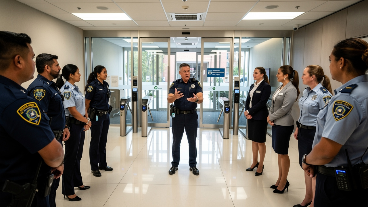 Equipe de portaria treinando procedimentos de emergência